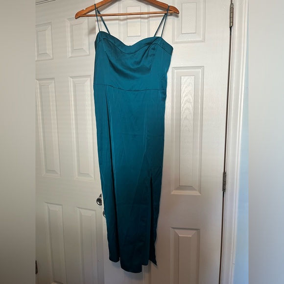 A&F satin high slit midi dress spaghetti strap Camille M party holiday teal - Picture 2 of 11